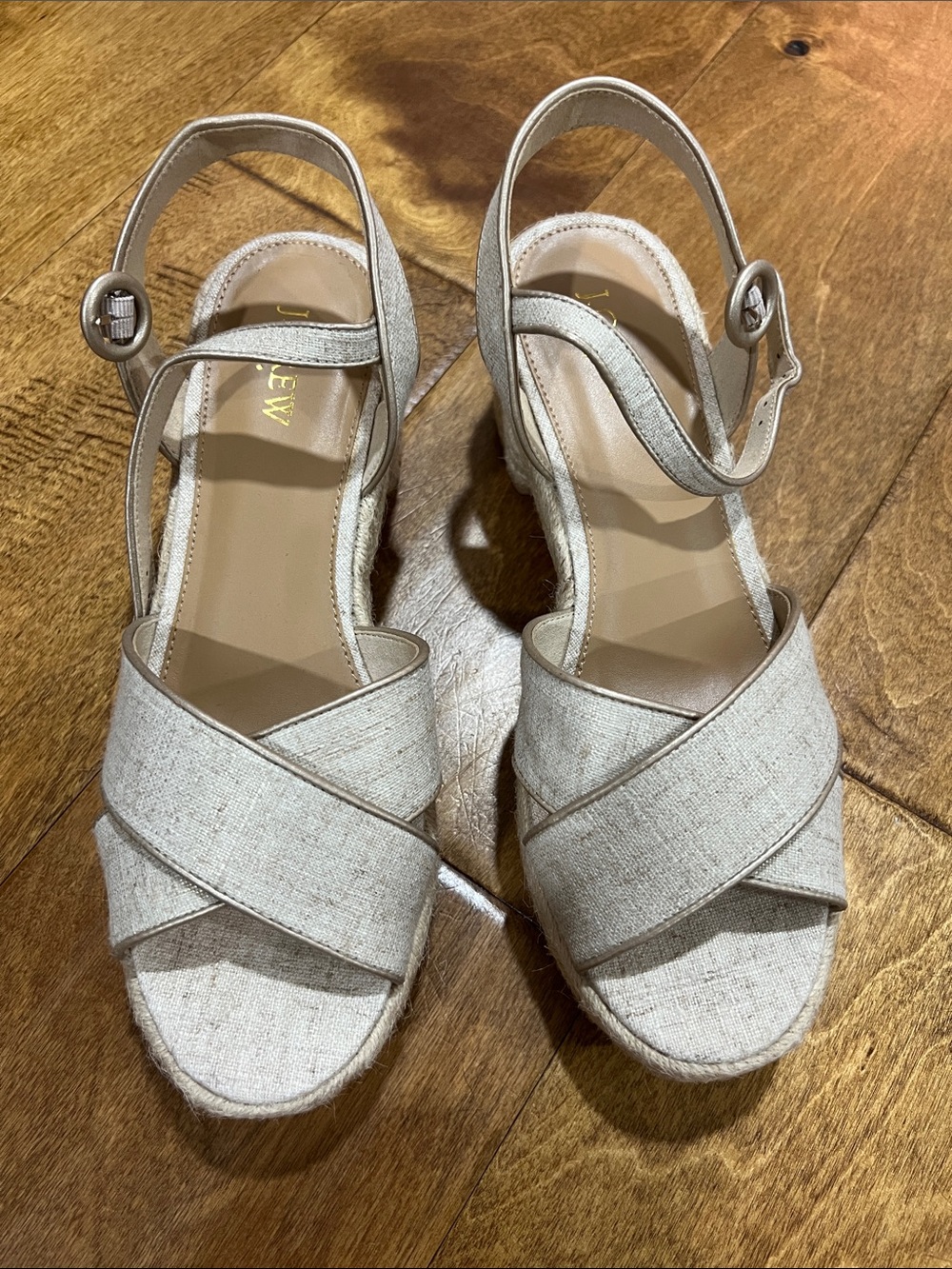J. Crew Linen-Cross Wedge Sandals in Cream